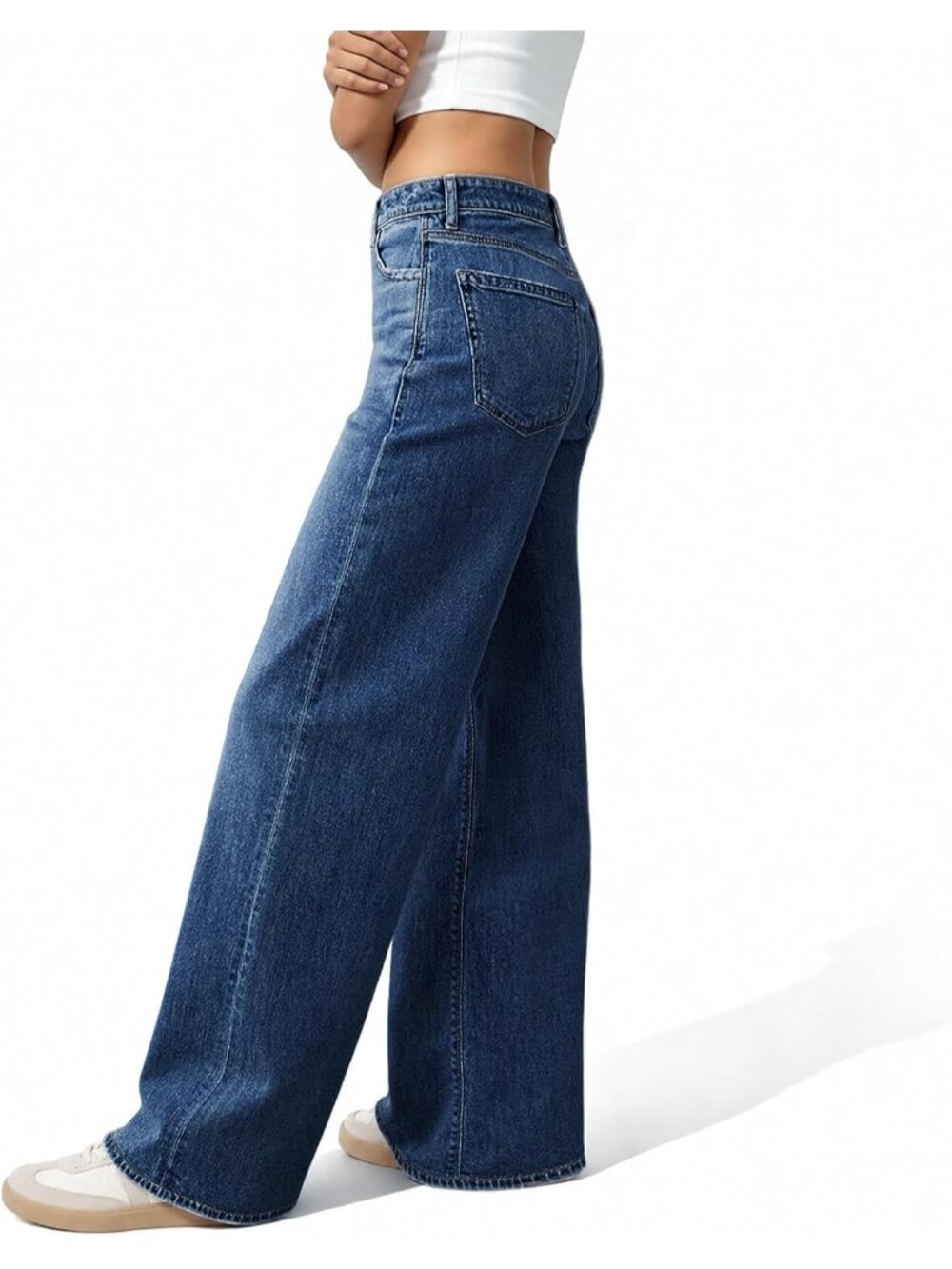 Women's Dark Blue High Waisted Baggy Loose Straight Denim Pants Wide Leg Jeans - Picture 2 of 6